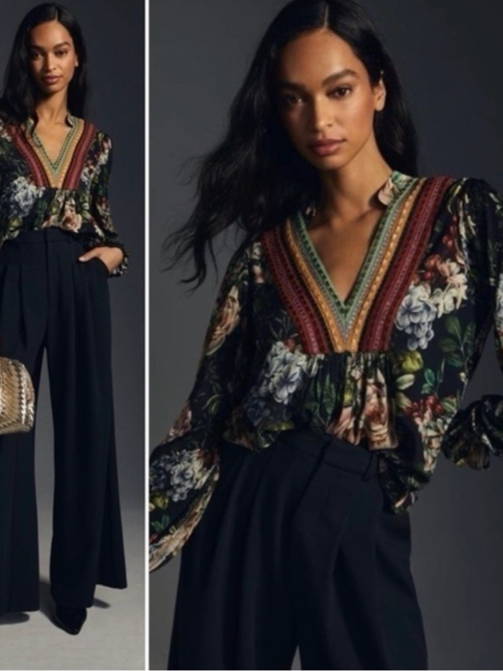 Anthropologie Black Floral V-Neck Boho Blouse with Multicolor Embroidered Trim